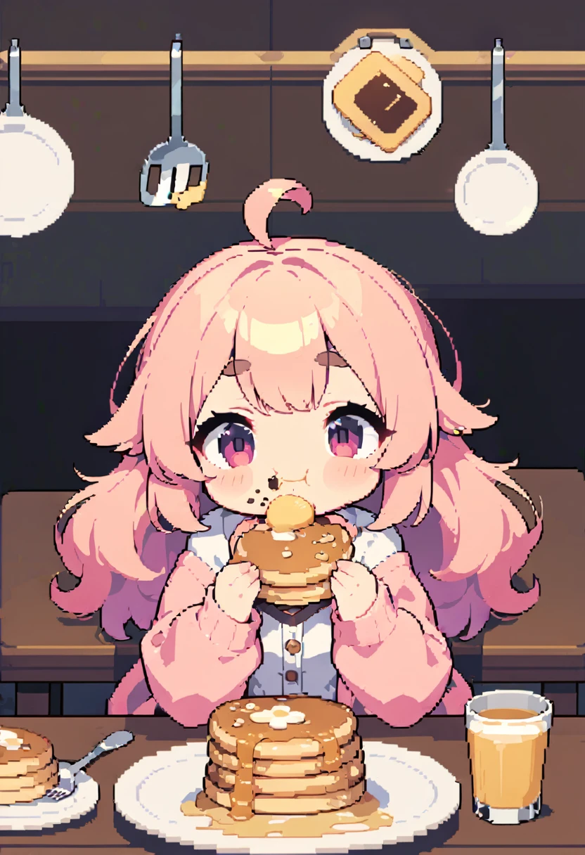 masterpiece, Highest quality, 8k, Pixel art, Vivid, woman, 若いwoman, smile, cute, Facing forward, Open your mouth, Fluffy, long, sheep-like hair, Hair like sheep's hair, Pink Hair, Thick eyebrows, one piece, Pink clothes, Long skirt, cardigan, 水色のcardigan, Brown shoes, ((Eating hotcakes, The dishes)), table