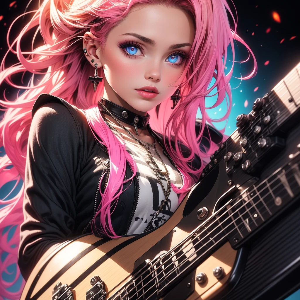 masterpiece, best quality portrait,1girl, solo, perfect face, long hair, Electric guitar band black clothes, long light blonde hair dyed with pink and with cute fluffy bangs well styled, hair dyed with pink color, detailed light blue eyes highlight light reflecting in her eyes, looking straight to the viewer, realistic, upper body, concert background, colorful lighting, lips, edgy makeup, black shade of makeup on eyelids, ear piercing, fair skin, perfect hourglass body, she has sharp jawline, holding a black electric guitar, The artwork should have the best quality, with ultra-detailed and realistic features. The color palette should be vivid, and the lighting should emphasize the character's facial structure and expression.