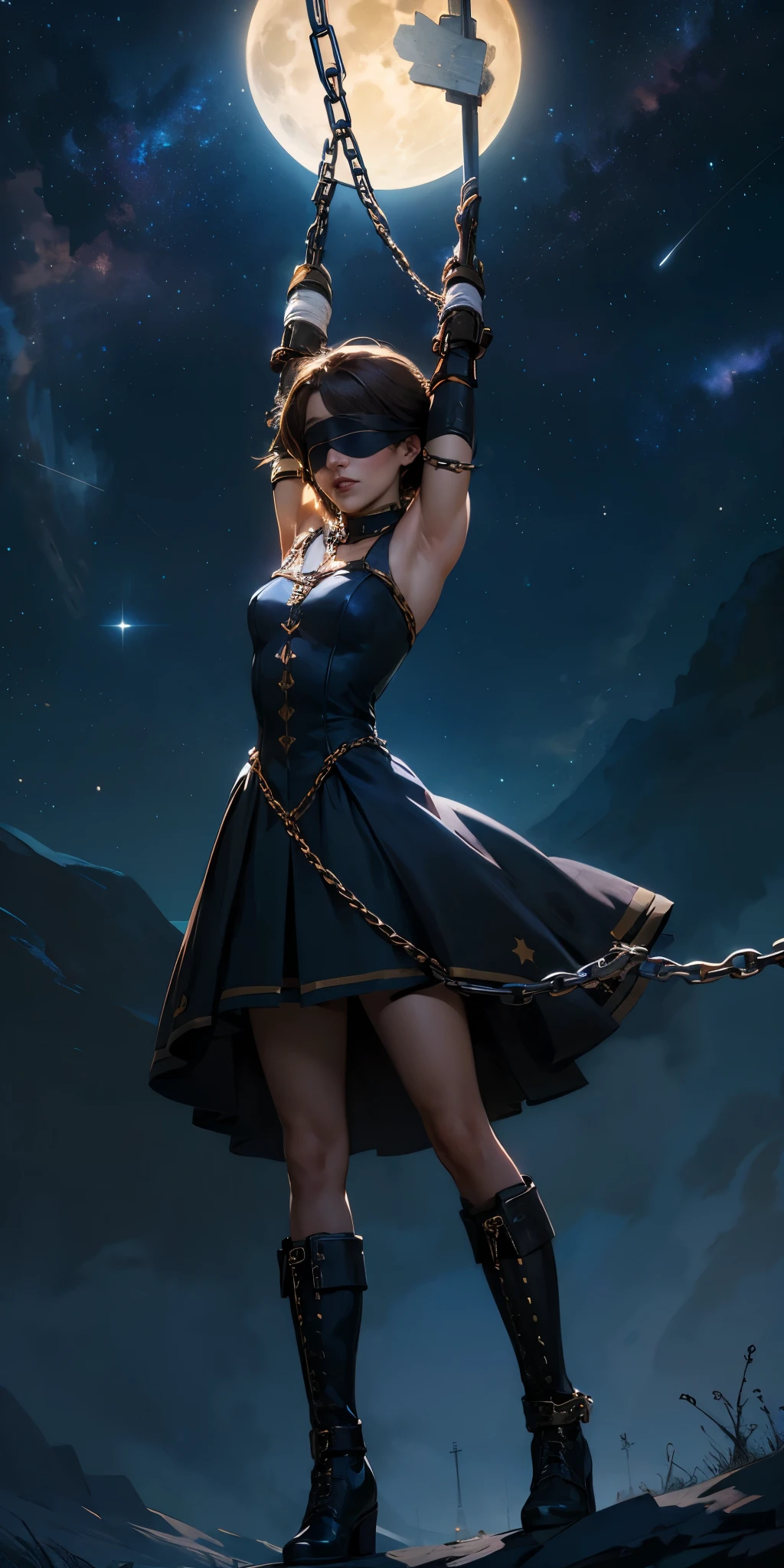 masterpiece, best quality, 1girl, solo, gloves, dress, bare shoulders, closed mouth, military boots, sky, black footwear, blindfold, night sky, full moon, elbow gloves, armpits, arms up, ((chain, bound, restrained:1.3)) standing , wariza, night, starry sky, sky, cowboy shot, view from below, far shot