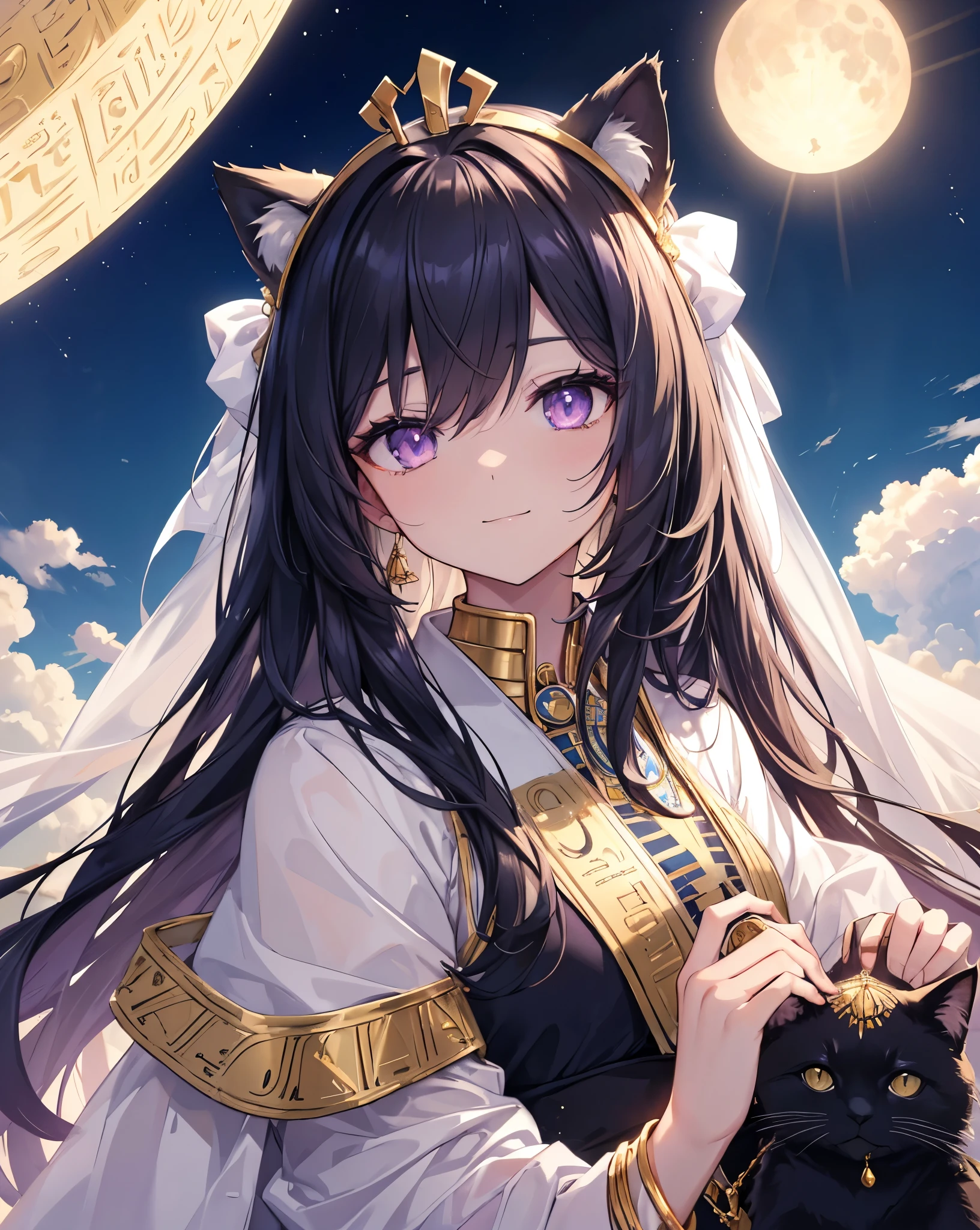 Masterpiece, best quality, ultra detailed, HDR, 8k, anime digital art. Am Egyptian god inspired girl with long black hair, neko ears, cat tail, purple eyes, detailed eyes. She is like a god. Made up like an ancient Egyptian. purple reflexes. She is smiling a bit. blue sky with little white clouds, sun on the horizon, and a glorious ancient Egypt skyline. Sunflare. King pose.Fantastic and beautiful light creates a mysterious atmosphere. Blue sky, some white clouds, Heaven, cliff, mirage, meteorite, moon, and gold accessories enhance the scene. She is the Pharaoh, set in the era of prosperity and wealth along the Nile River with green plantations. Incredible Egyptian epoch scenery. Wear a gold tiara. Cool cute Portrait zoomed. Stunning quality. She is holding a cute black cat 🐈⬛ scenery
