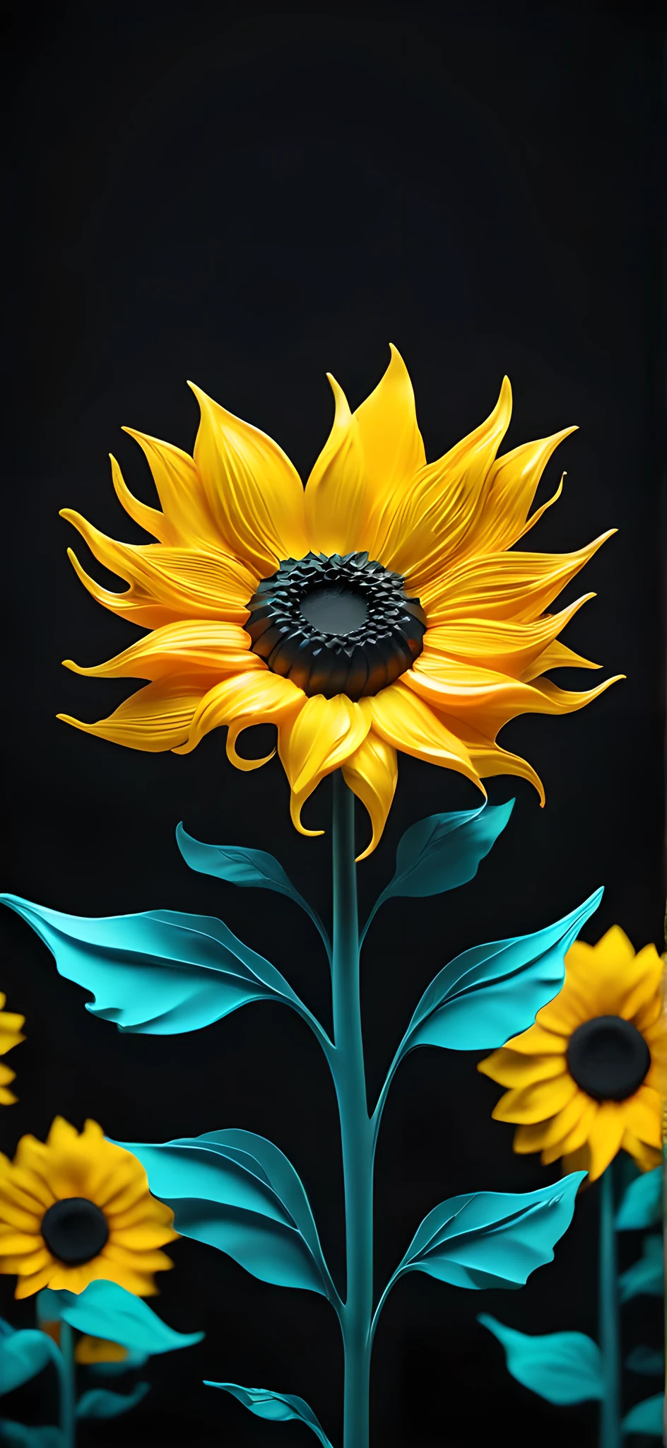 A 3D amoled Sunflower, vertical wallpaper, wallpaper mobile, minimal background, phone wallpaper hd, amoled wallpaper, abstract wallpaper design, hq 4k phone wallpaper, black. yellow, dark abstract background, hd phone wallpaper