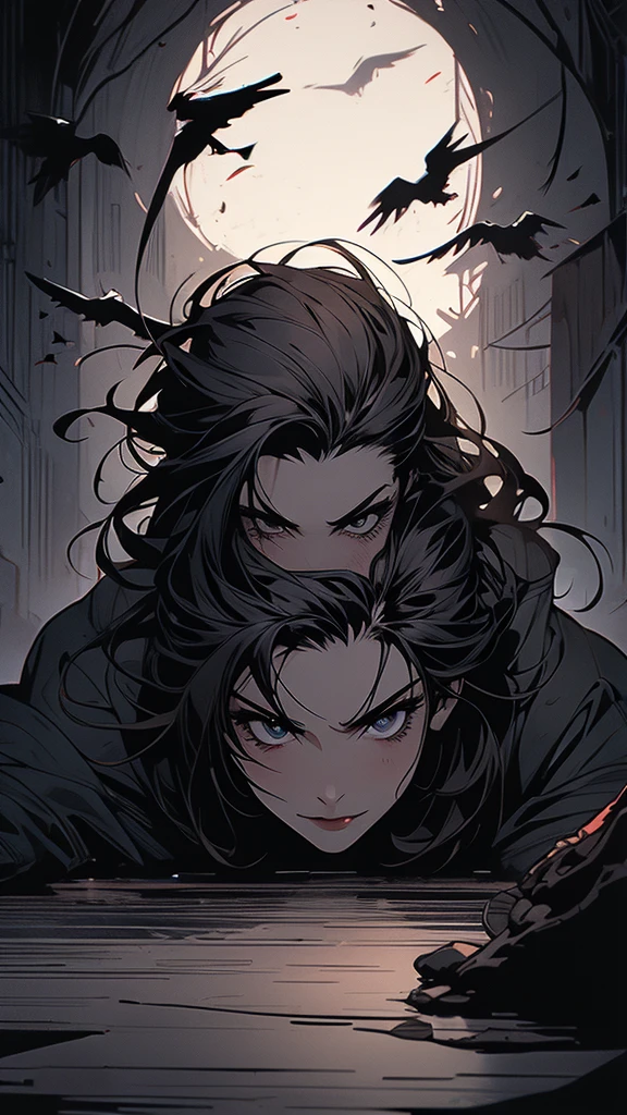masterpiece,best quality,ultra-detailed,2girl,solo,crow,upper body,dark style,black hair,black clothes,bending over,horror theme,