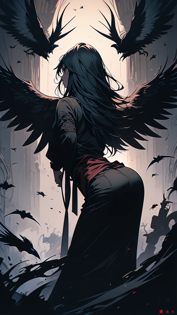 masterpiece,best quality,ultra-detailed,2girl,solo,crow,upper body,dark style,black hair,black clothes,bending over,horror theme,