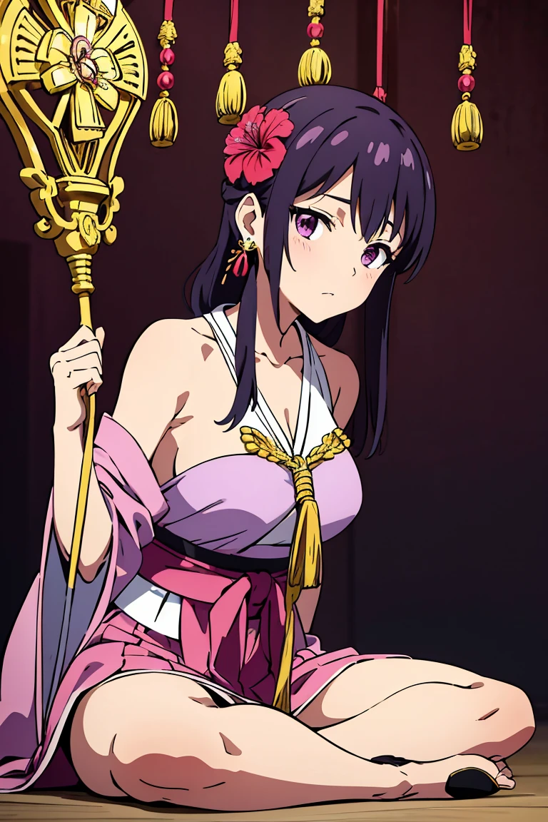 Girl, shoulder-length brunette hair. She wears a blue-beaded earring on her right ear, hidden by a lock of her hair, woven into blue beads with gold rings around the larger, middle bead. She wears a silver necklace of a hibiscus flower along with a matching ring on the pinky of her right hand 

a purple pleated, flower-patterned hakama; black boots; a black spaghetti-string camisole under a white sash that wraps around her neck and over her chest; and a yellow patterned obi with a chōchō musubi knot and a decorative obidome to clinch the cords. Two separate, kimono-like pink and white sleeves secured by purple cords complete the outfit. The design of her staff is based on the Khakkhara, a staff used by practitioners of Buddhism. whole body.