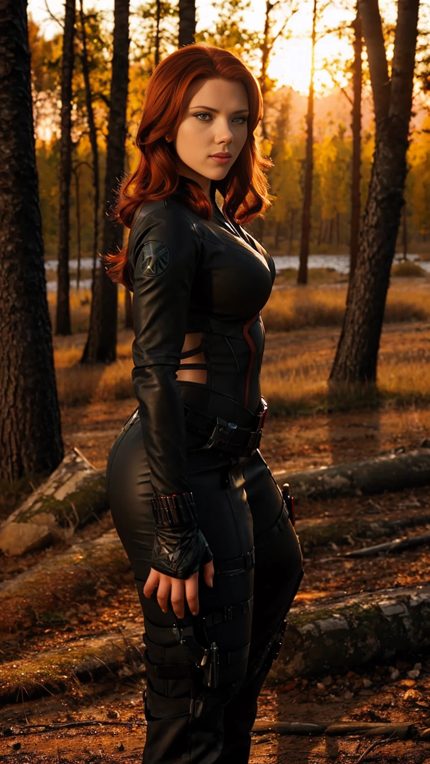 Scarlett Johansson looks sexy in a short skirt, in black latex with cut-out neckline.Blue eyes.against the backdrop of sunset and Russian birches and paths.hairstyle red long hair black widow, red hair color, big breasts kate upton, bright makeup eyelashes, plump lips smile, realistic style, full length, focused on suit and big breasts, bright colors, high detail,   photorealistic rendering, lighting from the sun against the backdrop of a Russian river and birches and bonfires in the background,atmospheric scene."