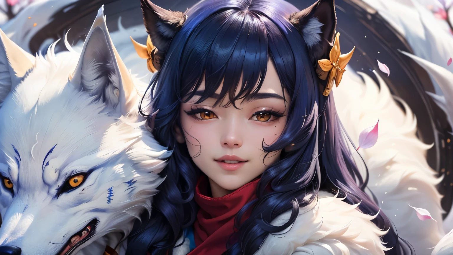 ((best quality)), ((masterpiece)), (detailed)) perfect face highest quality, shiny night sky, ink:1.3,masterpiece,1girl,solo, blue hair, horns,standing,cherry blossom, (wolf:1.2),white wood mask covering her face, falling petals, light smile, closed mouth, one can only see her eyes through the holes in the white mask covering her face, 2 white wolves are with her