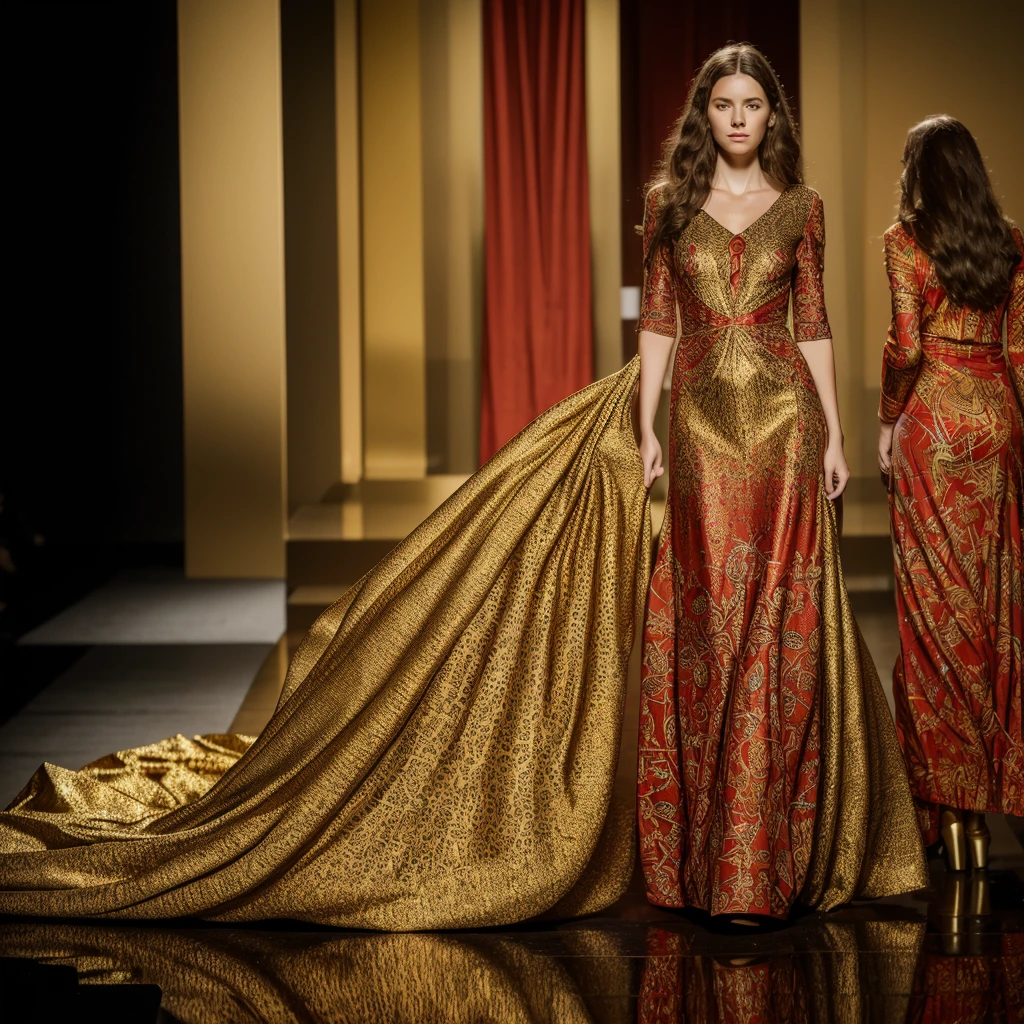 studio photo lens 85mm, full-length woman wearing a long dress with a print inspired by the works of art by Gustav Klimt, in gold and red colors, Maximum quality, 8k