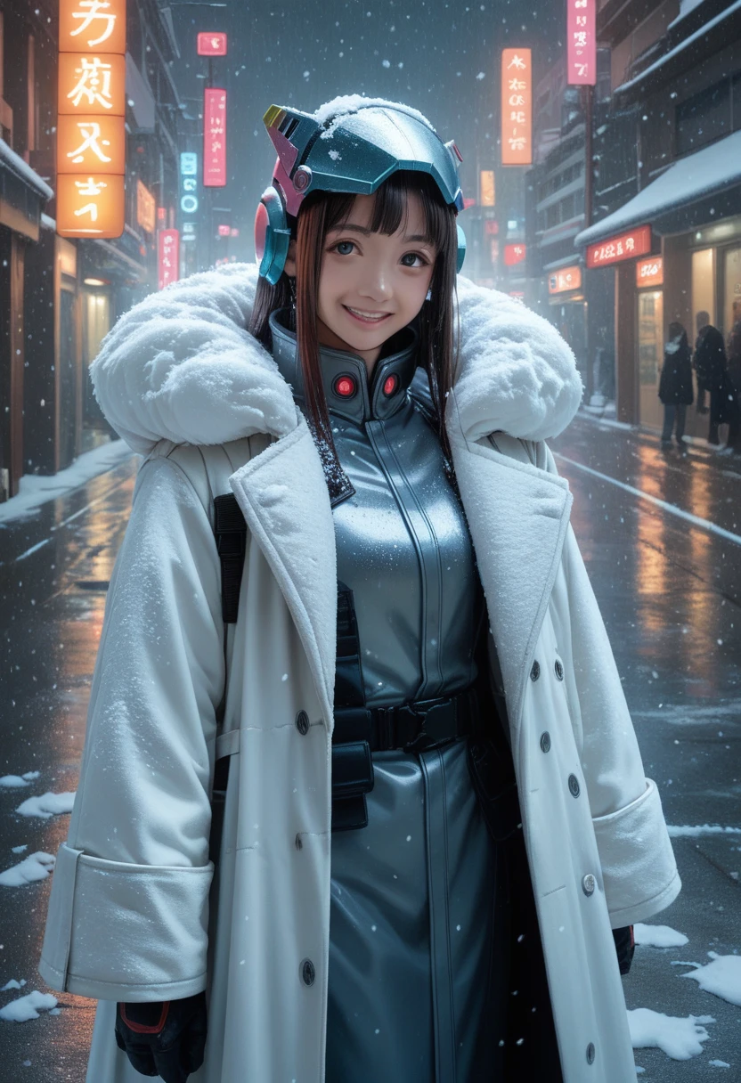 Mitsumin, 1 girl, Alone, headgear, armored coat, long coat, mono, gloves, Upper part of the body, smile, snowing, Street, cyberpunk, neon, snow, vapor, cowboy shot, looking at the viewer,