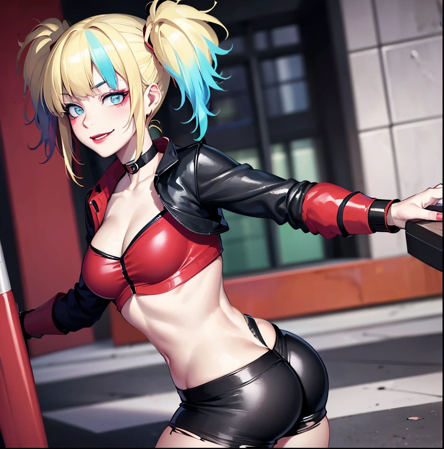 ((1girl)),((alone)),harley quinn,(masterpiece), (best quality), (ultra detailed), (best illustration), (best shadow), (absurdities), sharp focus, cowboy shot , dynamic posture looking at the viewer, medium breasts, narrow waist, wide hips, wide thighs, round butt, erotic, romantic, (very detailed eyes, lips 1.1), very detailed eyes, eyes, Very detailed face, Very beautiful face, height full, beautiful slim figure, femininity, expressive appearance, elastic medium breasts, sexuality, pink skin, blonde hair, multicolored hair blue hair, pink hair, twintails, long hair bangs, blue eyes, red lips, choker shorts, black pantyhose, red jacket, makeup, abdomen, navel, lipstick belt, multicolored shirt, red and black shirt, tattoo, sweater, t-shirt, torn clothes, crop, top, multicolored clothes, torn pantyhose, shorts, multicolored pants, red pants with black, very short, nail polish, defined body, perfect and beautiful body, perfect and beautiful, closed mouth, smile, happy smile, blushing, (sexy pose: 1.2), ((solo)), standing: 1.3, exterior landscape urban, streets, dirty city, city lights, looking back, from behind, ((focus on ass)), point of view: (from Middle), perfect anatomy, perfect hands