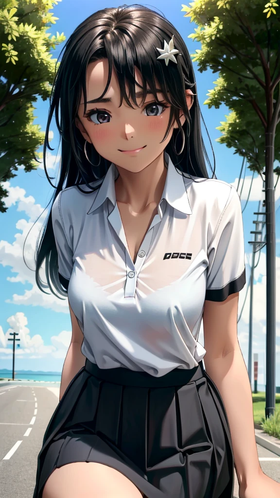 ((best quality)), ((masterpiece)), (details), one girl, sexy ((best quality)), ((masterpiece)), (details), one girl, sexy ((best quality)), ((masterpiece)), (details), one girl, full body, sexy expensive body, expensive, long legs, mature woman, mature, adult, it_nagatoro_main, Hayase Nagatoro, one girl, blushing, alone, white polo shirt, short sleeves, black hair,brown eyes, hair accessory, looking at viewer, hair clip, smiling, long hair, dark skinned woman, dark skin, , bangs, daytime, skirt, collared shirt, collarbone, ear clip, mouth closed, tree, asymmetrical bangs, upper body