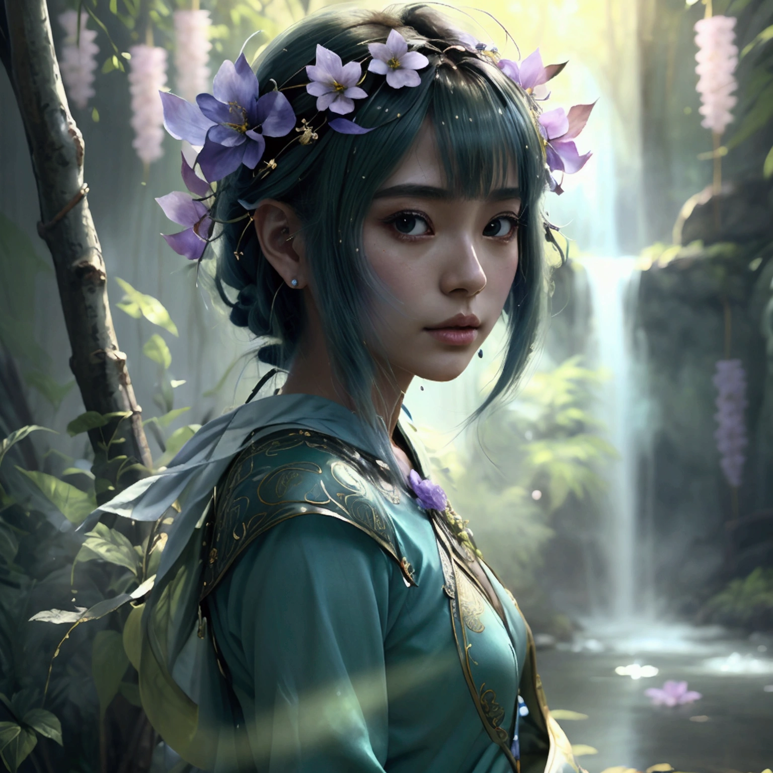 Design an anime-style character named Aiko, styled as 'Mystic Healer.' Aiko should have a calm, nurturing expression, with large, expressive eyes and a gentle, comforting pose. Outfit Aiko in robes or attire adorned with healing motifs and magical symbols, using soft, flowing fabrics with subtle glowing accents. The color palette should include soothing shades like soft blues, greens, and purples. Include a staff or magical artifact featuring intricate designs that highlight Aiko's healing abilities. The background should be a serene setting such as a tranquil garden, mystical temple, or sacred grove, with ambient lighting and natural elements like flowers or a gentle stream. Ensure the artwork evokes a sense of peace and healing, making Aiko a soothing and mystical character