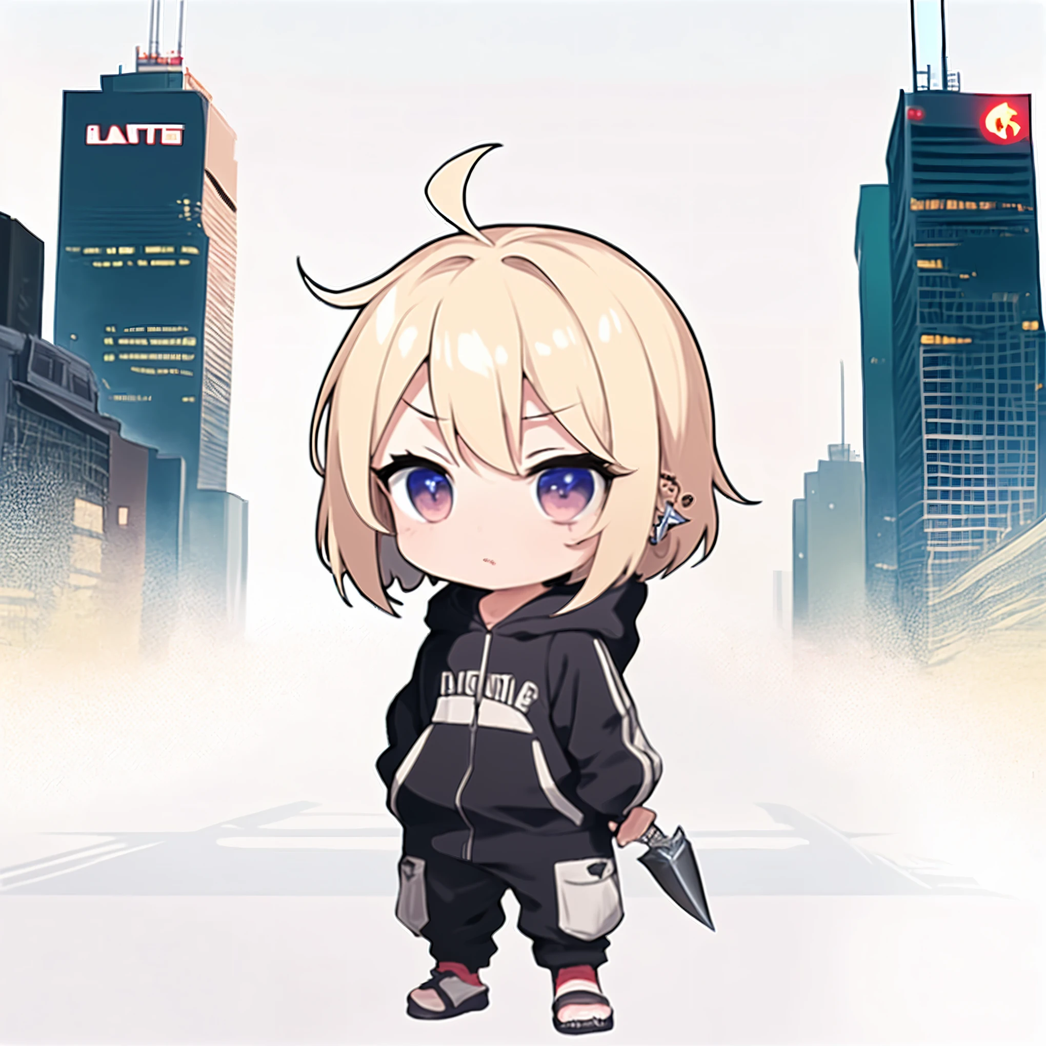 Blonde Hair、One girl、Bob Hair、With bangs、Bangs are long enough to reach between the eyes and eyebrows、Thin eyebrows that are parallel to the eyes、Double eyelids and slightly long eyes、Has one piercing in the left ear、The left side of her hair is tucked behind her ear.、There are two vertical piercings on the left side of her neck.、Wearing a black hoodie、Wearing white cargo pants、Wearing black sneakers、Looking diagonally downwards and holding a cigarette、He is looking at me sideways.、Standing with your back to the wall、He is holding a kunai in his right hand with a reverse grip、The blade of the kunai is pale blue.、