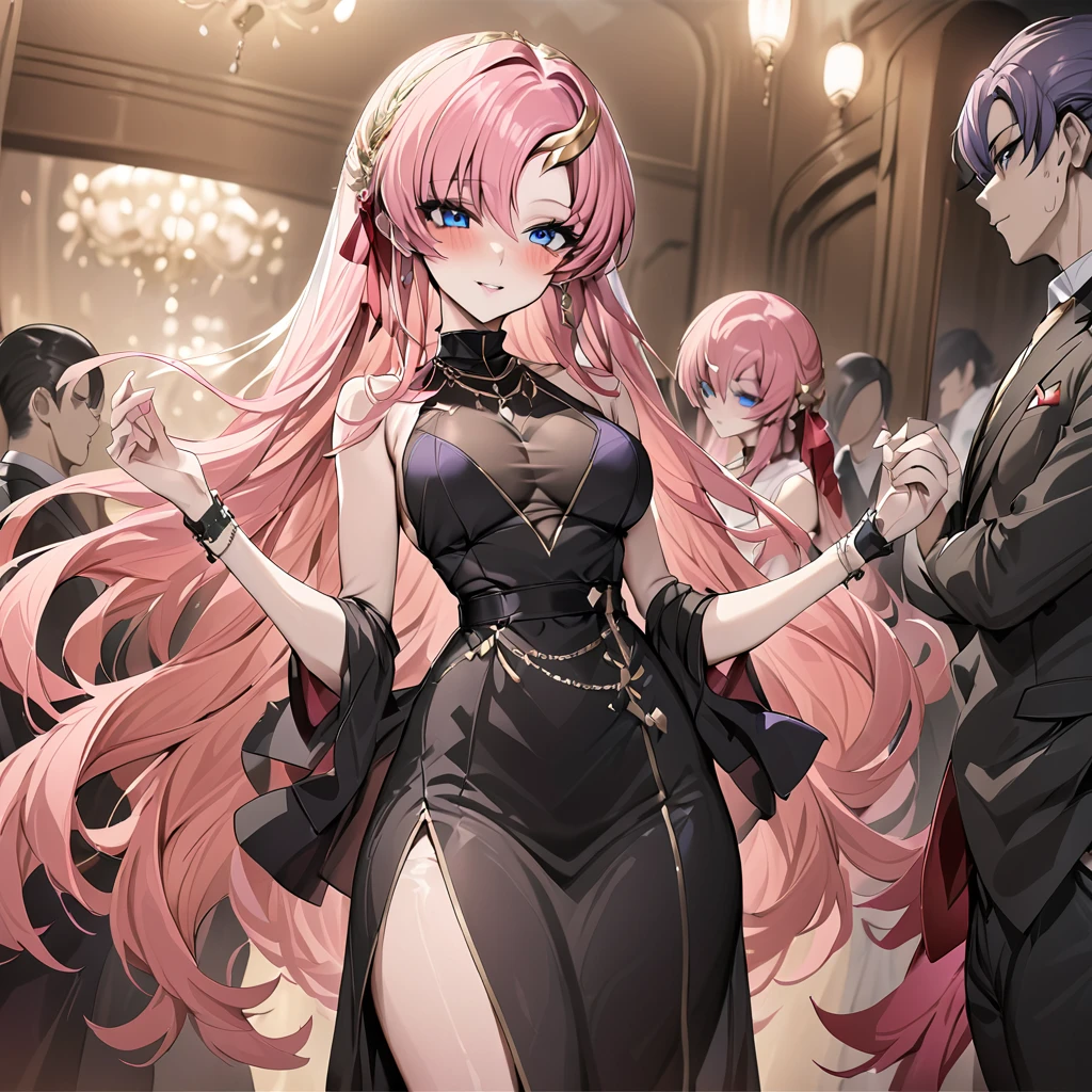 ((Highest quality)), ((masterpiece)), (detailed), (Perfect Face)、The woman is Lacus Clyne, a mafia boss with blue eyes and medium-long pink hair, wearing a gorgeous black long-slit dress and lavish accessories.、She is being held close by the mafia boss、女はShe is being held close by the mafia boss
