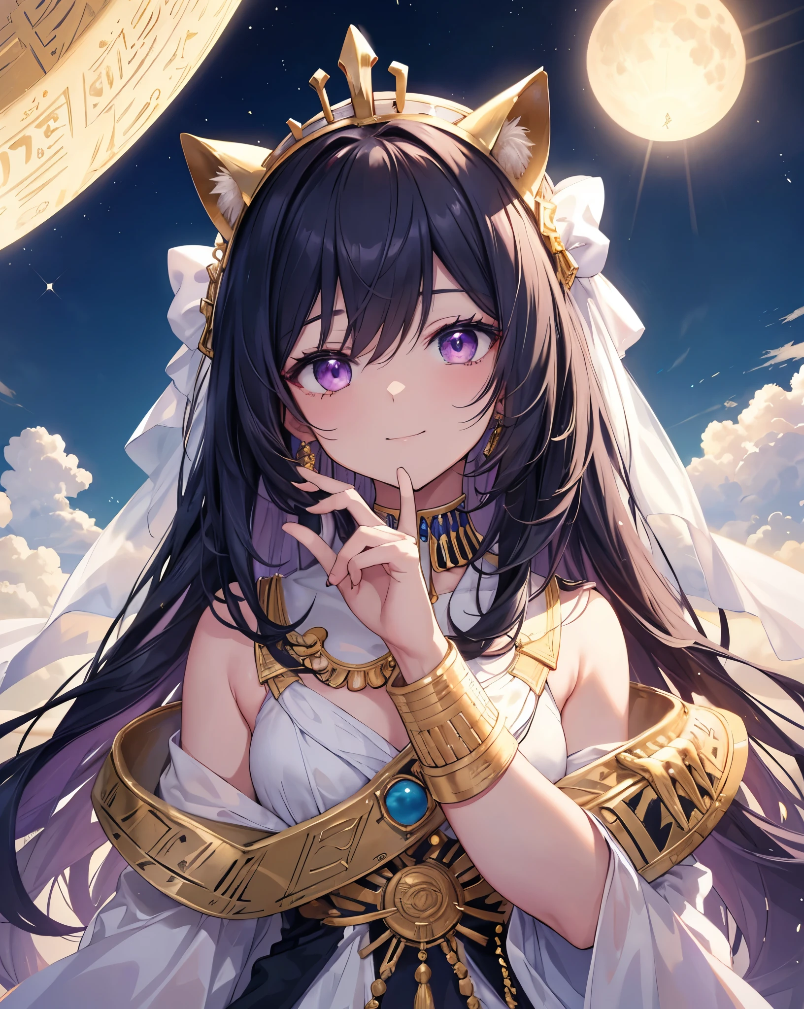 Masterpiece, best quality, ultra detailed, HDR, 8k, anime digital art. Am Egyptian god inspired girl with long black hair, neko ears, cat tail, purple eyes, detailed eyes. She is like a god. Made up like an ancient Egyptian. purple reflexes. She is smiling a bit. blue sky with little white clouds, sun on the horizon, and a glorious ancient Egypt skyline. Sunflare. King pose.Fantastic and beautiful light creates a mysterious atmosphere. Blue sky, some white clouds, Heaven, cliff, mirage, meteorite, moon, and gold accessories enhance the scene. She is the Pharaoh, set in the era of prosperity and wealth along the Nile River with green plantations. Incredible Egyptian epoch scenery. Wear a gold tiara. Cool cute Portrait zoomed. Stunning quality. scenery