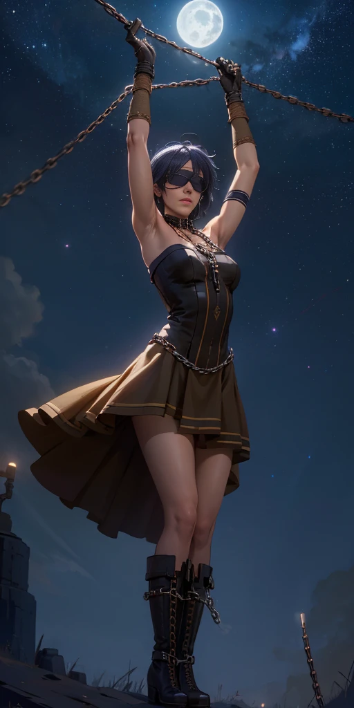 masterpiece, best quality, 1girl, solo, gloves, dress, bare shoulders, closed mouth, military boots, sky, black footwear, blindfold, night sky, full moon, elbow gloves, armpits, arms up, ((chain, bound, restrained:1.3)) standing , wariza, night, starry sky, sky, cowboy shot, view from below, far shot