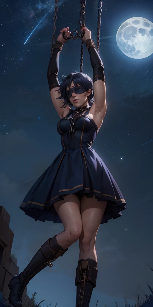 masterpiece, best quality, 1girl, solo, gloves, dress, bare shoulders, closed mouth, military boots, sky, black footwear, blindfold, night sky, full moon, elbow gloves, armpits, arms up, ((chain, bound, restrained:1.3)) standing , wariza, night, starry sky, sky, cowboy shot, view from below, far shot