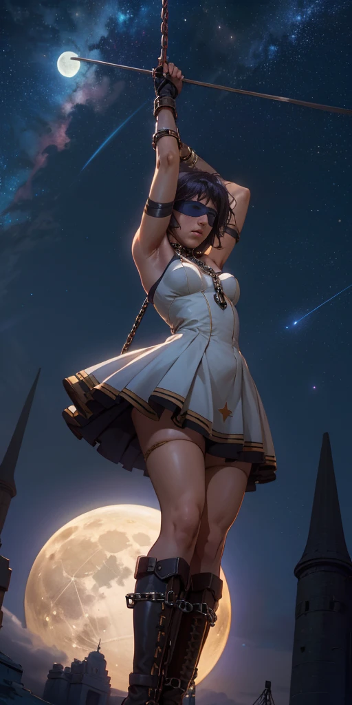 masterpiece, best quality, 1girl, solo, gloves, dress, bare shoulders, closed mouth, military boots, sky, black footwear, blindfold, night sky, full moon, elbow gloves, armpits, arms up, ((chain, bound, restrained:1.3)) standing , wariza, night, starry sky, sky, cowboy shot, view from below, far shot