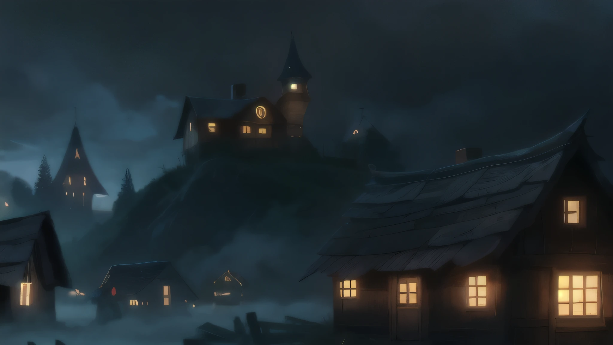 village, night, The sky is overcast, fog, Old wooden houses, creepy village, there is no light in the windows, night