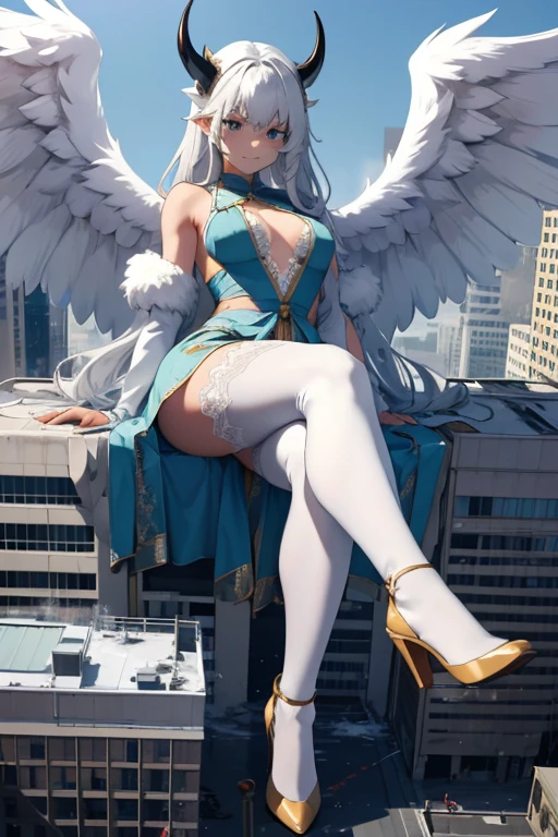 aerial view,giant girl 50,000 feet high,Have a pair of long legs,He has a pair of huge angel wings.,With huge devil horns on his head.,He has white hair down to his waist..,loose hair,Wearing a pair of Mary Jane heels,wavy white fur,lace gloves,lace pantyhose,蕾丝whole body,leaning on a tall building,城市到处是blood stains,beautiful appearance,exquisite makeup,quality,8k,高quality,(Governor:1.5),perfect proportion, cinema lighting,film grain,fuji colors,8k,textured skin,super details,High detail,High resolution,blow,fake smile,blood stains,脚底有blood stains,whole body,fat height