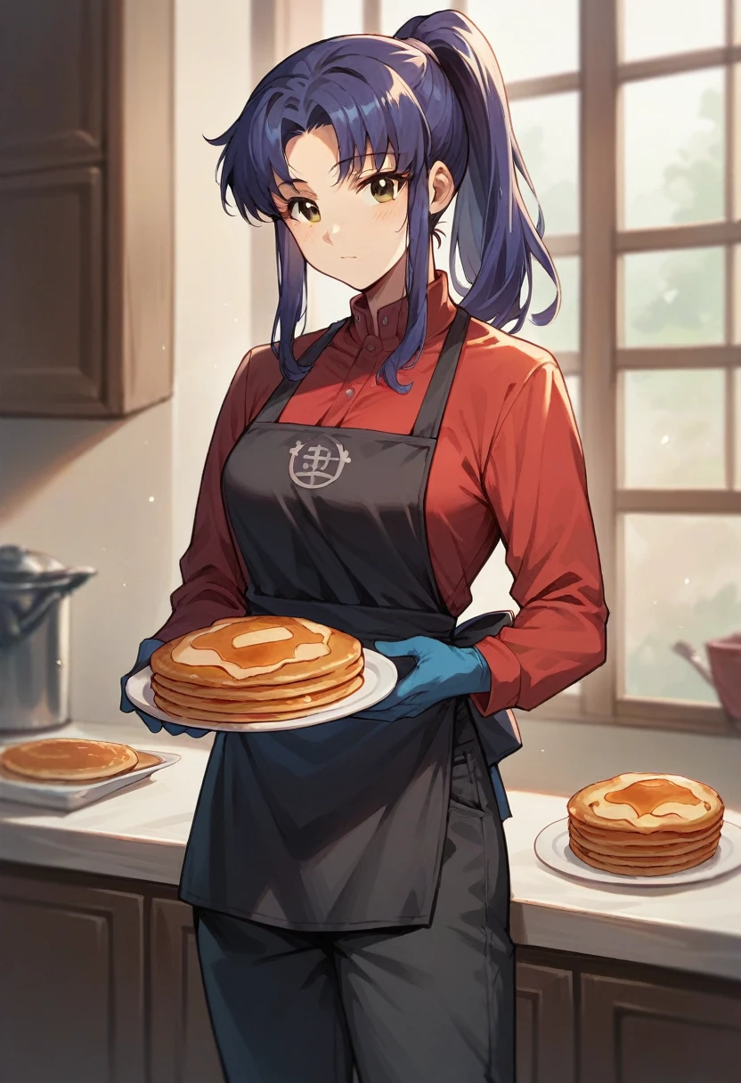 1girl, misato katsuragi, ponytail, ((blue half elbow gloves)), (red shirt), ((long sleeves)), (black apron), (pants), looking at viewer, standing, ((makes pancakes)), solo

