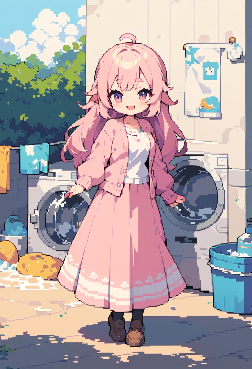 masterpiece, Highest quality, 8k, Pixel art, Pixel art, Vivid, woman, 若いwoman, smile, cute, Directed at an angle, Open your mouth, Fluffy hair, Long Hair, sheepの毛のような髪, Pink Hair, eyebrow, 太いeyebrow, one piece, Pink clothes, Long skirt, Spread your wings, cardigan, 水色のcardigan, shoes, 茶色いshoes, grassland, ((sheep, もこもこのsheep, 大きいsheep, sheepの背に女の子が乗っている)), sheepの群れ
