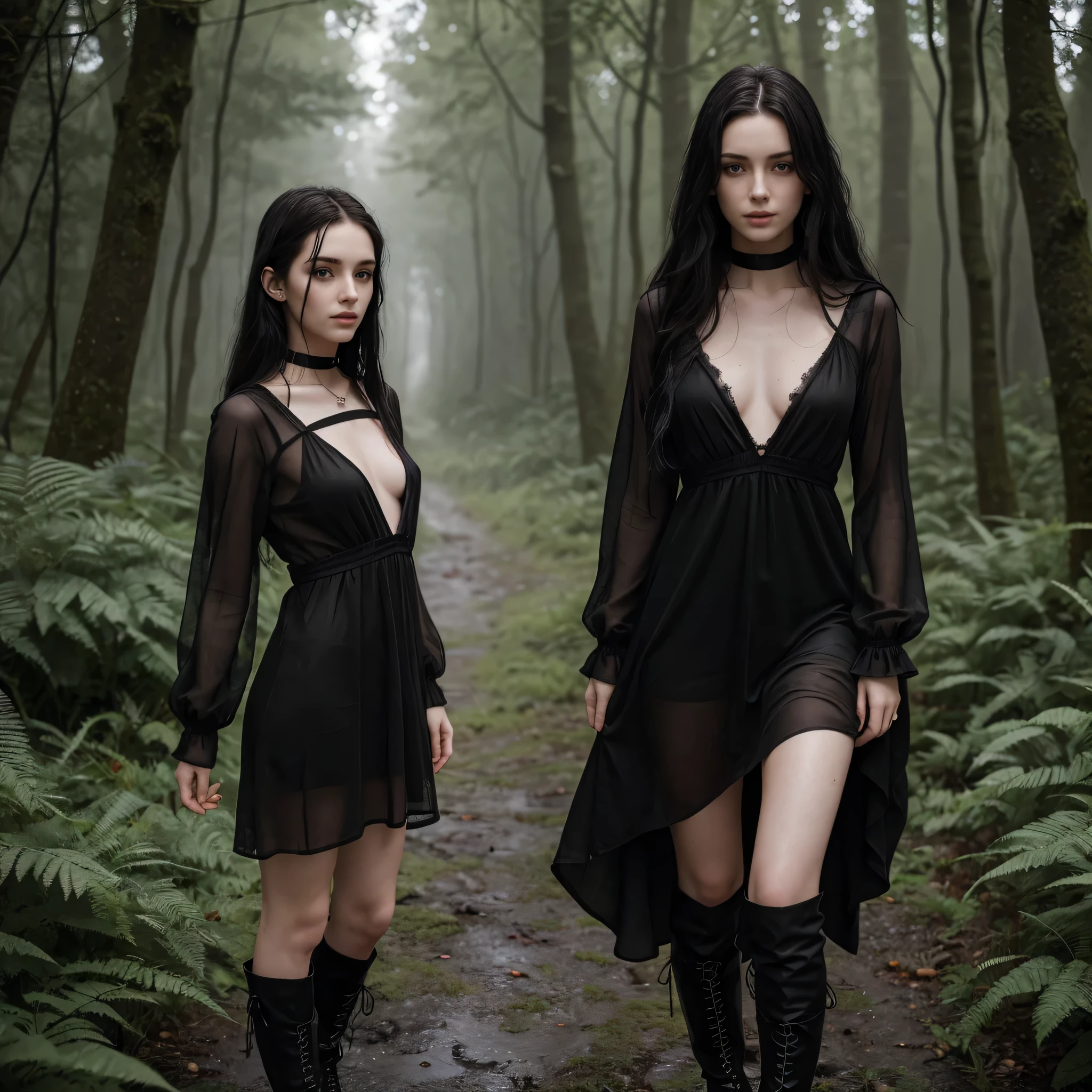 19 year old woman, alone, long black messy hair, very pale skin, shy expression, very detailed face, European features, green eyes, wearing a long black see thru dress, a nipple ring, black choker around her neck,  black combat boots, standing in a forest with a grey stormy sky and rain falling making her dress wet