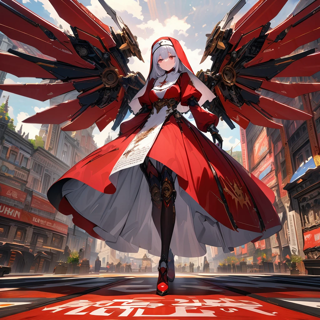 White and red nun creature arms and mechanical wings, detailed background, detailed writing, 4k, UHD, absurd, ultra quality, masterpiece,