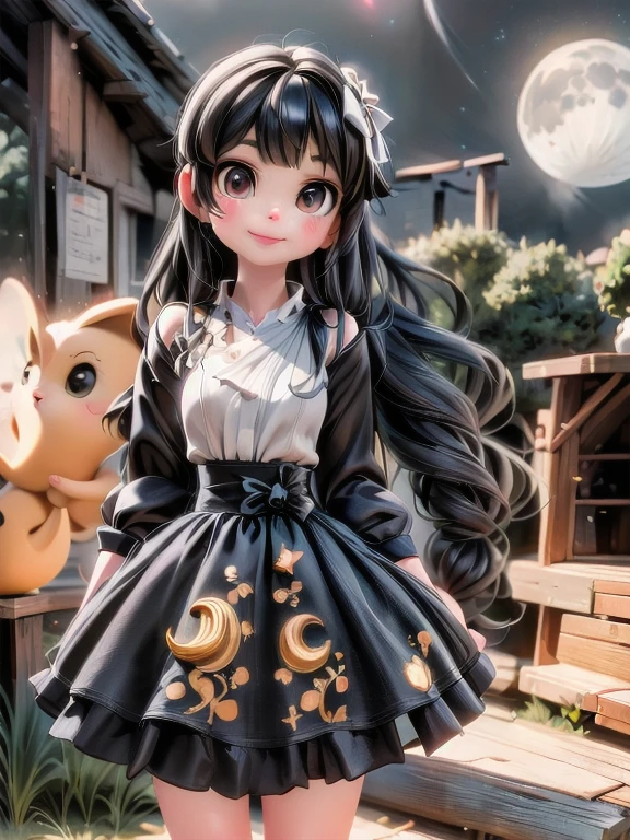 a cute girl smiling, pumps, dress, woods at night, moon, lanters, starry sky