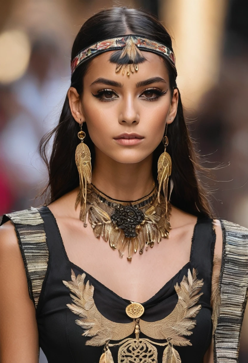 ### Vestimenta para Karen Inspirada en la Lechuza con Veil Skirt, corset Dorado y make-up Indígena

**1. Main Clothing:**

- **corset:**
  - **design:** corset ajustado en terciopelo negro, with golden details in the form of embroidered feathers and indigenous symbols.
  - **Details:** Gold edges and small mother-of-pearl appliqués add a touch of elegance and shine. Includes black lace details on the top and bottom.

- **Veil Skirt:**
  - **design:** Asymmetrical veil skirt, short in the front and long in the back (cola). The veil is black with touches of gold on the edges and owl feather embroidery in dark tones..
  - **Details:** Skirt includes fique fabric details and indigenous embroidery along the edge.

**2. Accessories:**

- **touched:**
  - **design:** Gold metal headband with owl feathers in brown and gray tones, combined with small indigenous beads.
  - Details: The headband also includes braided leather details and engraved indigenous symbols.

- Necklaces and bracelets:
  - Necklaces: Multi-layered necklaces with gold pendants and colorful beads representing Colombian indigenous culture.
  - Bracelet: Leather and gold metal bracelets, decorated with small feather pendants and owl eyes.

- Shoes:
  - design:Black military boots with gold details on the buckles and owl feather embroidery on the sides.

3. make-up:

- Eyes: Eye shadows in earth and gold tones, with dramatic eyeliner that imitates the big eyes of an owl. Details de pintura facial inspirados en patrones indígenas colombianos alrededor de los ojos.
- Lips: Lips in a golden or bronze tone, adding bright contrast to dark eye makeup.
- Details Adicionales: Strokes of face paint in gold and brown tones, that form geometric and symbolic patterns of indigenous cultures.


