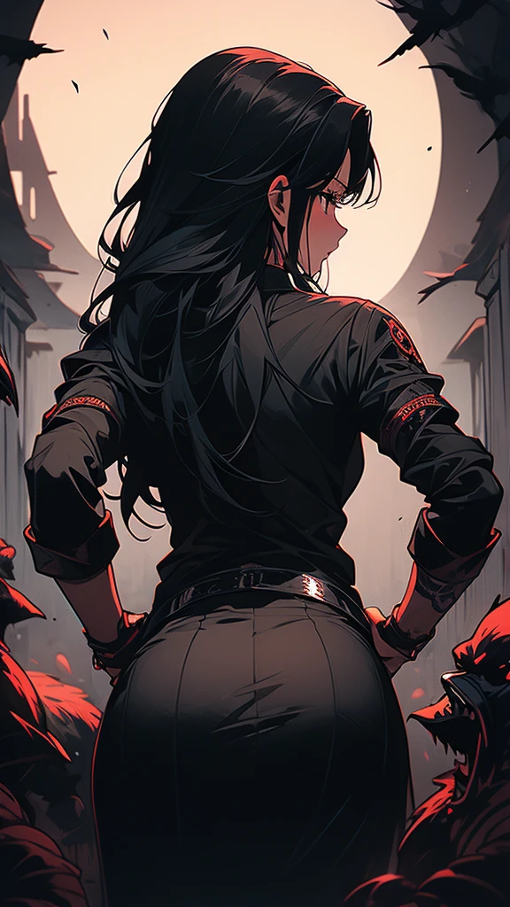 masterpiece,best quality,ultra-detailed,2girl,solo,crow,upper body,dark style,black hair,black clothes,bending over view from behind,horror theme,