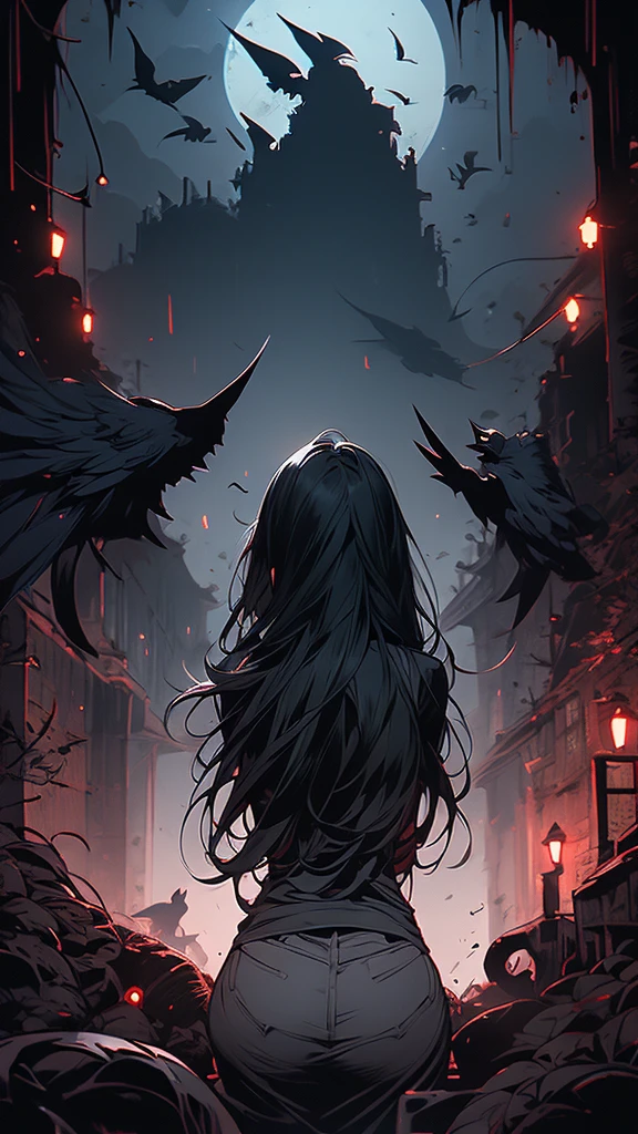 masterpiece,best quality,ultra-detailed,2girl,solo,crow,upper body,dark style,black hair,black clothes,bending over view from behind,horror theme,
