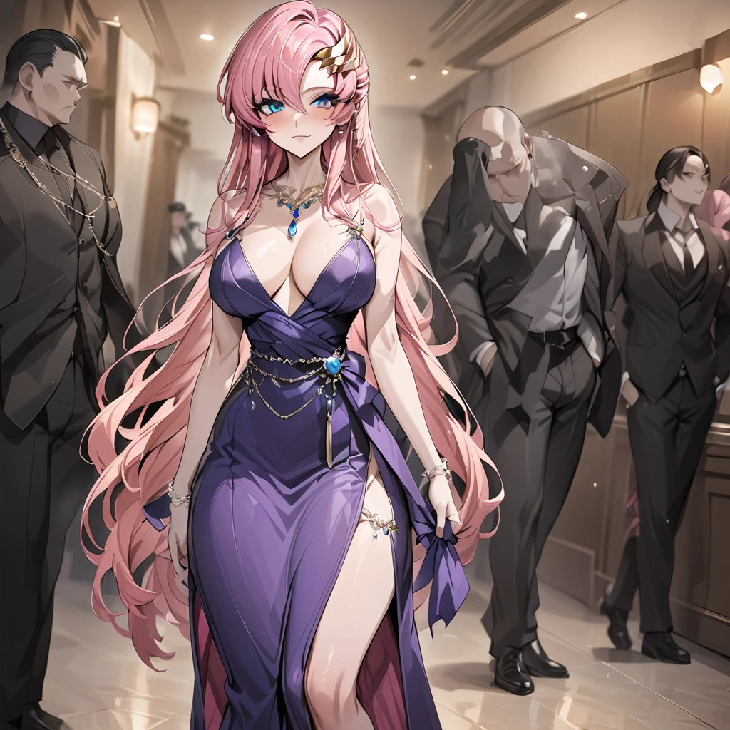 ((Highest quality)), ((masterpiece)), (detailed), （Perfect Face）、The woman is Lacus Clyne, the wife of a mafia boss. She has blue eyes, medium-long pink hair, and is wearing a gorgeous black long-slit dress and luxurious accessories.、She is being held close by the mafia boss、女はShe is being held close by the mafia boss