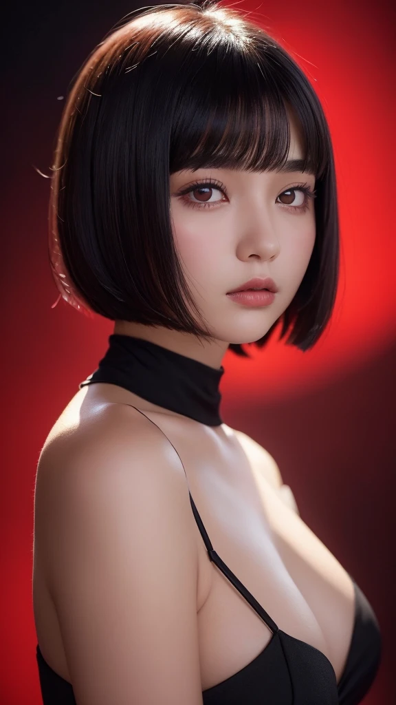 Delicate and dainty young woman with shiny bob-cut black hair . She is wearing bright red. The background is a fantastic and ethereal night sky that seems to be haunted by a specter. Her expression is stern and atmospheric. Angle from directly below. 