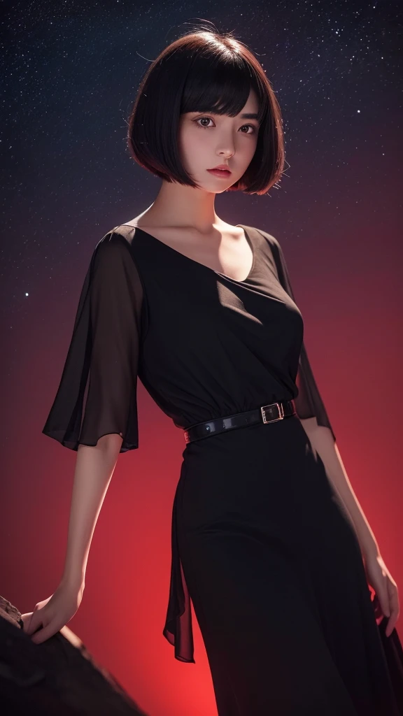 Delicate and dainty young woman with shiny bob-cut black hair . She is wearing bright red. The background is a fantastic and ethereal night sky that seems to be haunted by a specter. Her expression is stern and atmospheric. Angle from directly below. 