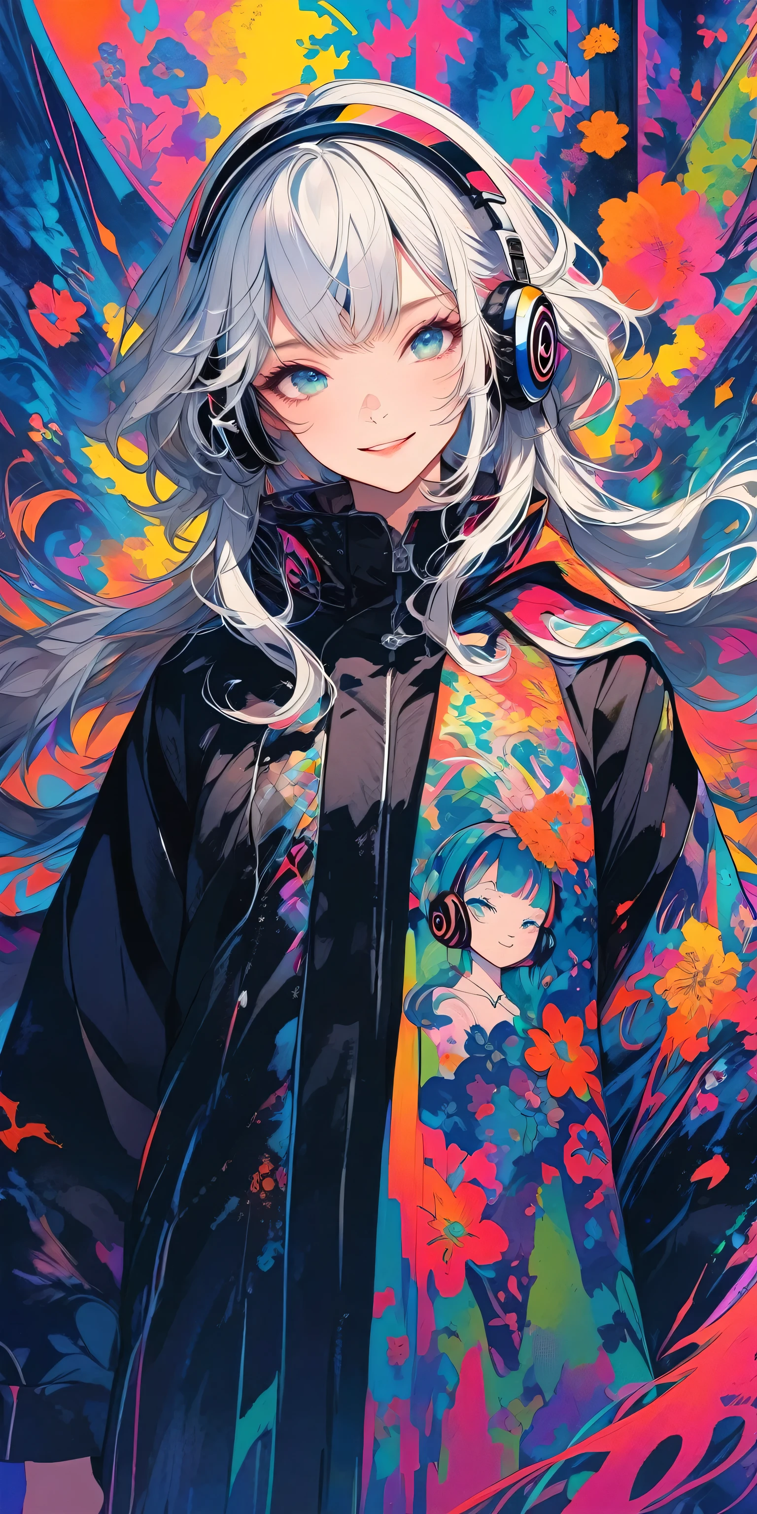 High-resolution digital painting with vibrant colors and intricate patterns. BREAK Front-facing perspective, showcasing a mirrored image of a character. BREAK Two identical characters with long, silver hair, one wearing a patterned cape and the other in a black jacket, both with headphones and a subtle smile. BREAK An abstract, colorful background with swirling, floral, and geometric designs, split by a staircase with a tiled pattern.