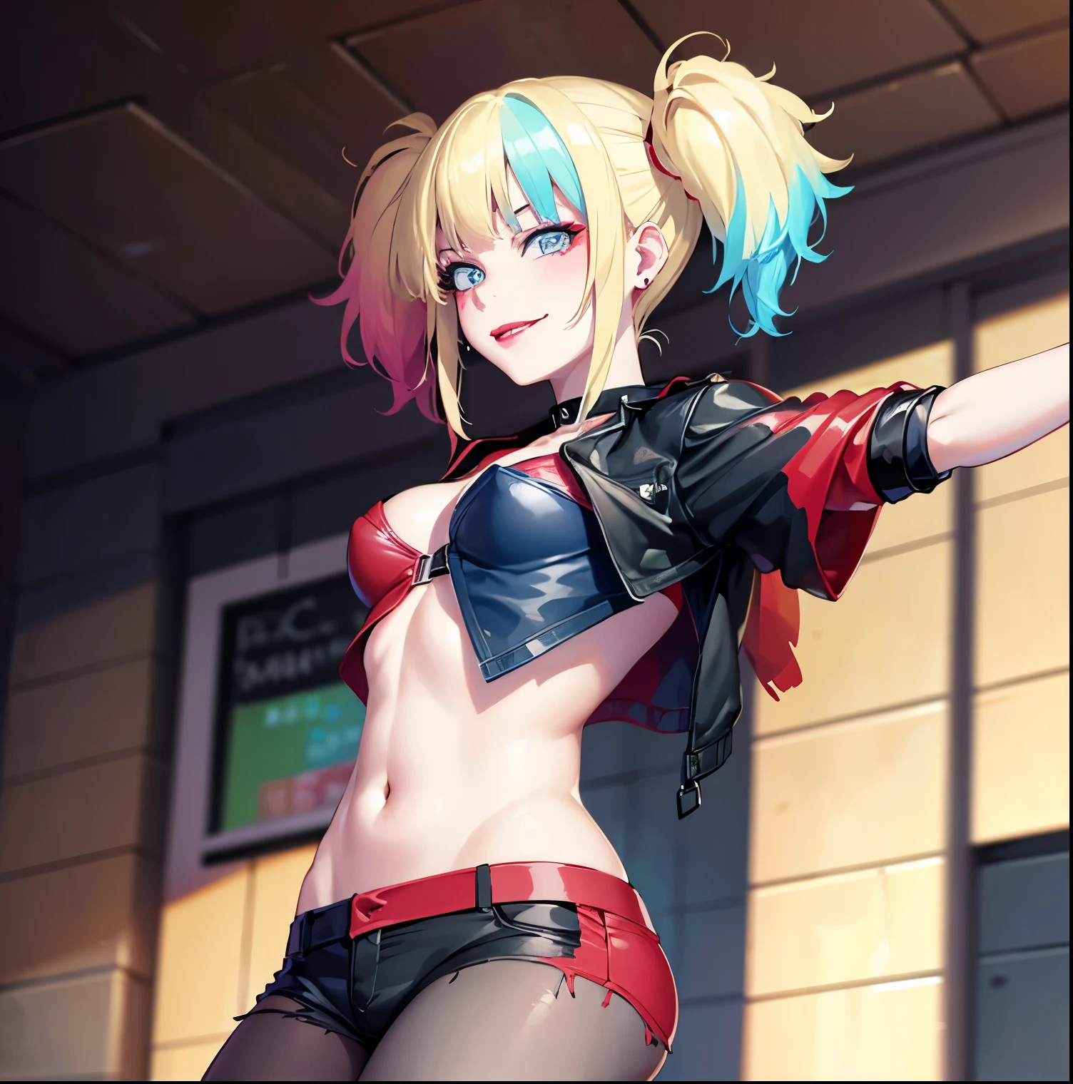 ((1girl)),((alone)),harley quinn,(masterpiece), (best quality), (ultra detailed), (best illustration), (best shadow), (absurdities), sharp focus, cowboy shot , dynamic posture looking at the viewer, medium breasts, narrow waist, wide hips, wide thighs, round butt, erotic, romantic, (very detailed eyes, lips 1.1), very detailed eyes, eyes, Very detailed face, Very beautiful face, height full, beautiful slim figure, femininity, expressive appearance, elastic medium breasts, sexuality, pink skin, blonde hair, multicolored hair blue hair, pink hair, twintails, long hair bangs, blue eyes, red lips, choker shorts, black pantyhose, red jacket, makeup, abdomen, navel, lipstick belt, multicolored shirt, red and black shirt, tattoo, sweater, t-shirt, torn clothes, crop, top, multicolored clothes, torn pantyhose, shorts, multicolored pants, red pants with black, very short, nail polish, defined body, perfect and beautiful body, perfect and beautiful, closed mouth, smile, happy smile, blushing, (sexy pose: 1.2), ((solo)), standing: 1.3, exterior landscape urban, streets, dirty city, city lights, looking back, from behind, ((focus on ass)), point of view: (from below), perfect anatomy, perfect hands