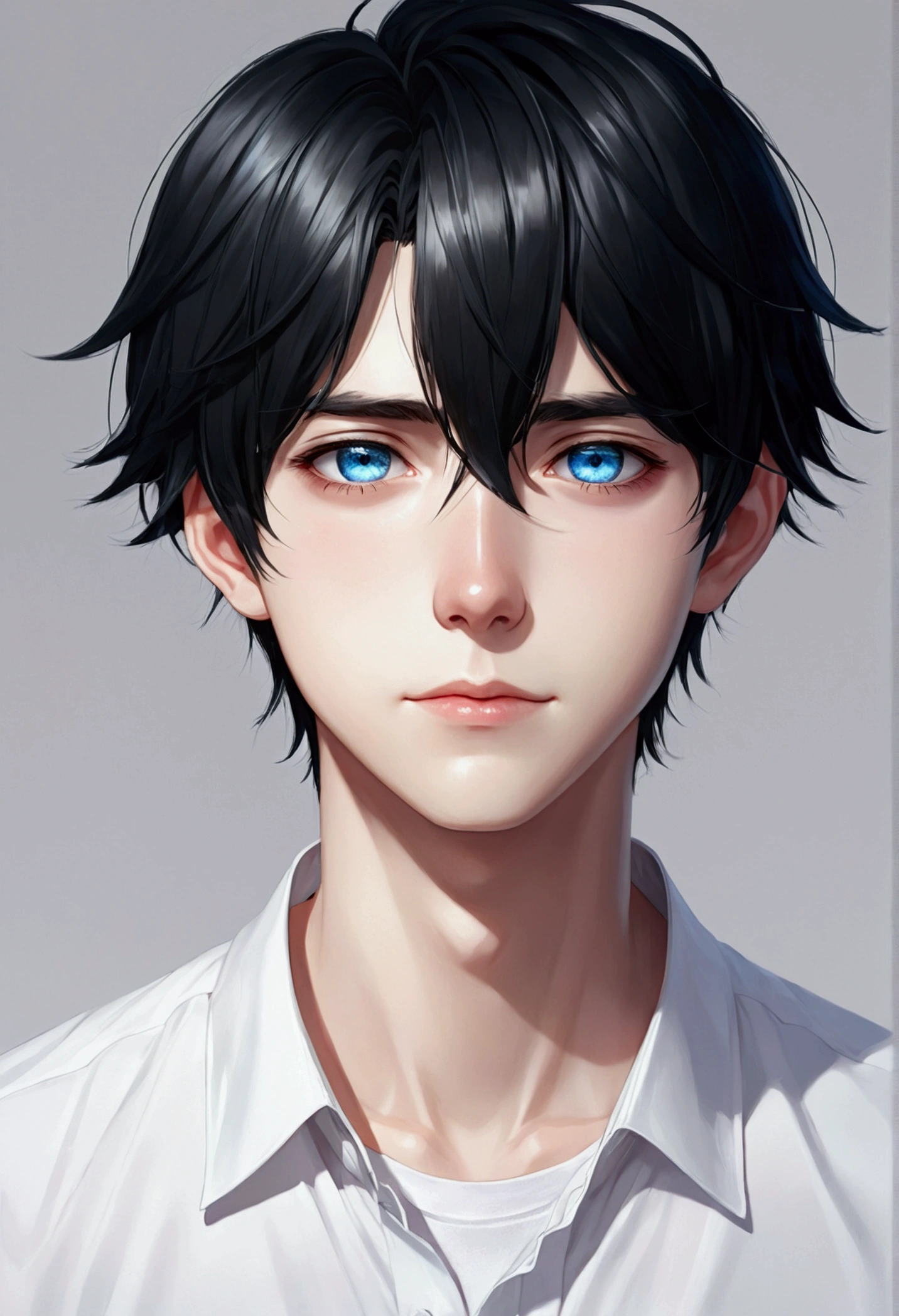tearful smile,white backgrounid,Black hair, Anime style, Character Chart, One-person viewpoint,white shirt,anime boy, young anime man, anime moe art style, Anime Boy, Smooth Anime CG Art, Male anime style, artwork in the style of guweiz, A cute boy,rainbows,Anime portrait of a handsome man, digital anime illustration, Short anime guy with blue eyes, male anime characters, boy has short black hair,nffsw,