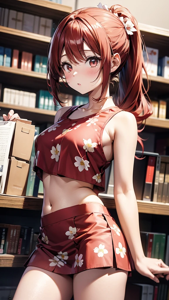 (suzu), ore no imouto ga konna ni kawaii wake ga nai, 25-yers-old girl with crimson red hair- pulled up into twin ponytails, wearing a floral crop top and mini skirt, library background