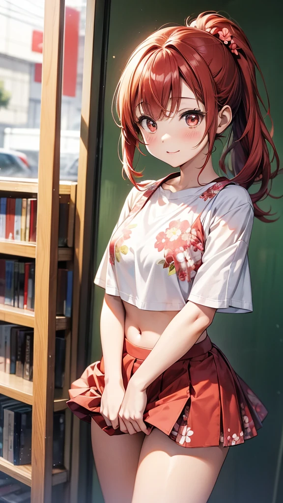 (suzu), ore no imouto ga konna ni kawaii wake ga nai, 25-yers-old girl with crimson red hair- pulled up into twin ponytails, wearing a floral crop top and mini skirt, library background