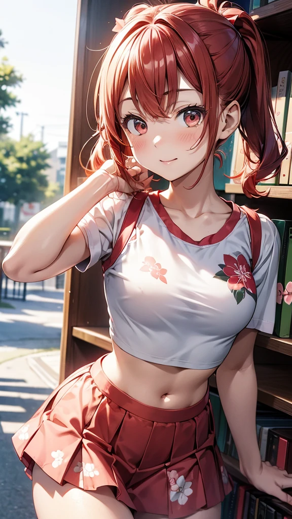 (suzu), ore no imouto ga konna ni kawaii wake ga nai, 25-yers-old girl with crimson red hair- pulled up into twin ponytails, wearing a floral crop top and mini skirt, library background