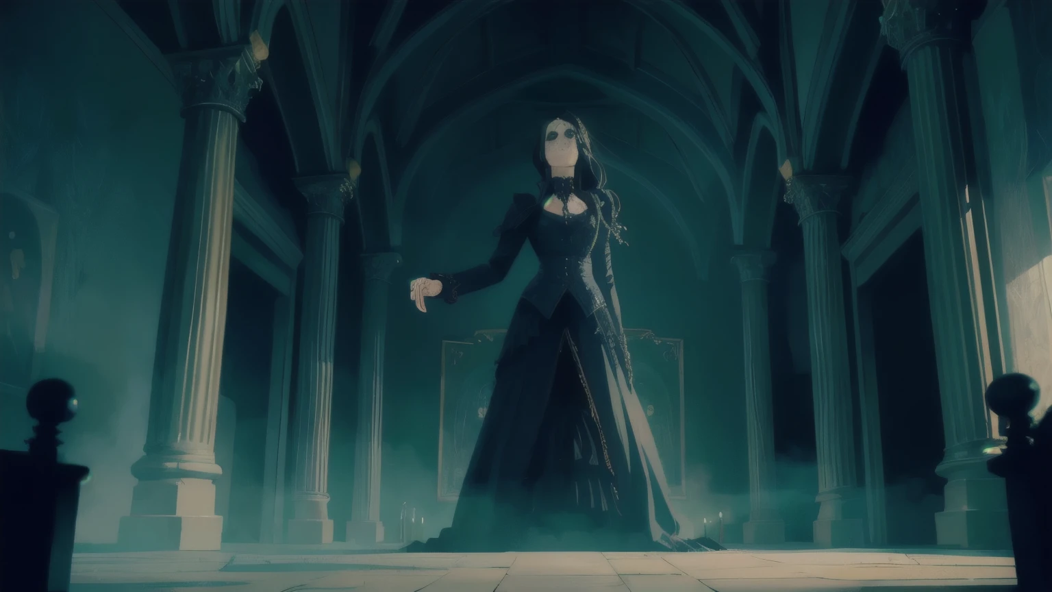 gothic style room, Cold, fog, scary, aristocrat's room, night, no light, No people