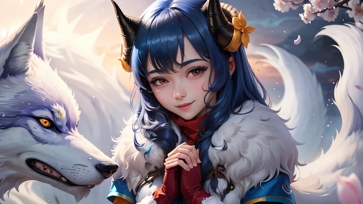 ((best quality)), ((masterpiece)), (detailed)) perfect face highest quality, shiny night sky, ink:1.3,masterpiece,1girl,solo, blue hair, horns,standing,cherry blossom, (wolf:1.2), falling petals, light smile, closed mouth, 2 white wolves are with her, she hugs one of them, her hands are covered by red gloves