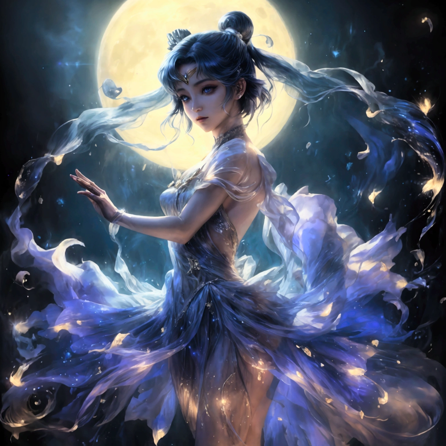 Design an anime-style character named Luna, styled as 'Moonlight Dancer.' Luna should have a graceful and enchanting expression, with large, expressive eyes and a fluid, elegant pose that showcases her dancing. Dress Luna in a flowing costume inspired by moonlight, using shimmering fabrics and ethereal details with moon-themed designs like crescent moons and stars. Add magical elements such as a moonlit veil or glowing accessories. The background should feature a serene moonlit night with soft, ethereal lighting, gentle moonbeams, and a dreamy ambiance. Include floating details like twinkling stars or delicate, swirling patterns to enhance the magical and graceful atmosphere. Ensure the artwork embodies the elegance and enchantment of moonlight and dance, making Luna a truly captivating character.