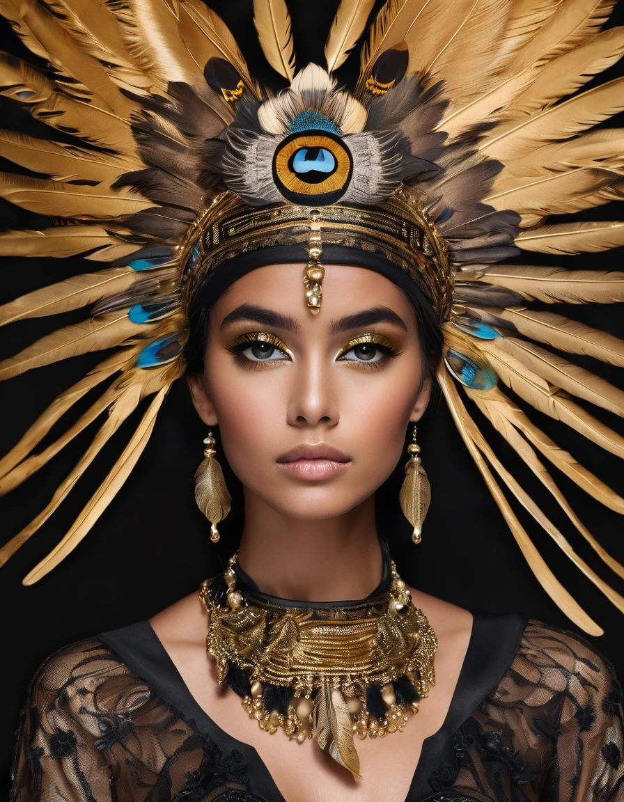 ### Vestimenta para Karen Inspirada en la Lechuza con Veil Skirt, corset Dorado y make-up Indígena
**1. Main Clothing:**
- **corset:**
- **design:** corset ajustado en terciopelo negro, with golden details in the form of embroidered feathers and indigenous symbols.
- **Details:** Gold edges and small mother-of-pearl appliqués add a touch of elegance and shine. Includes black lace details on the top and bottom.
- **Veil Skirt:**
- **design:** Asymmetrical veil skirt, short in the front and long in the back (cola). The veil is black with touches of gold on the edges and owl feather embroidery in dark tones..
- **Details:** Skirt includes fique fabric details and indigenous embroidery along the edge.
**2. Accessories:**
- **touched:**
- **design:** Gold metal headband with owl feathers in brown and gray tones, combined with small indigenous beads.
- Details: The headband also includes braided leather details and engraved indigenous symbols.
- Necklaces and bracelets:
- Necklaces: Multi-layered necklaces with gold pendants and colorful beads representing Colombian indigenous culture.
- Bracelet: Leather and gold metal bracelets, decorated with small feather pendants and owl eyes.
- Shoes:
- design:Black military boots with gold details on the buckles and owl feather embroidery on the sides.
3. make-up:
- Eyes: Eye shadows in earth and gold tones, with dramatic eyeliner that imitates the big eyes of an owl. Details de pintura facial inspirados en patrones indígenas colombianos alrededor de los ojos.
- Lips: Lips in a golden or bronze tone, adding bright contrast to dark eye makeup.
- Details Adicionales: Strokes of face paint in gold and brown tones, that form geometric and symbolic patterns of indigenous cultures.