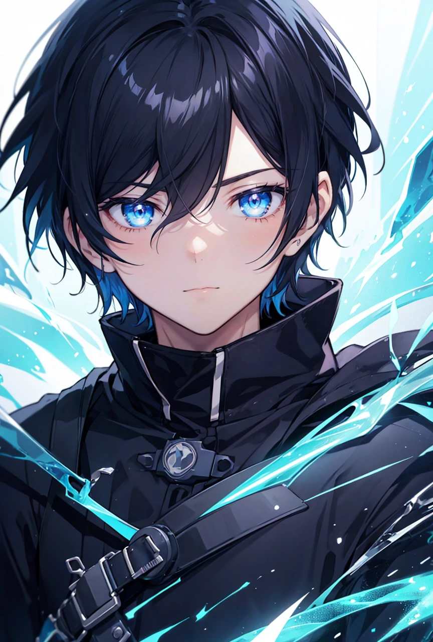 Anime boy with glowing blue eyes and with black hair. Close up