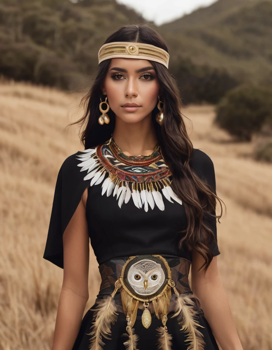 ### Vestimenta para Karen Inspirada en la Lechuza con Veil Skirt, corset Dorado y make-up Indígena

**1. Main Clothing:**

- **corset:**
  - **design:** corset ajustado en terciopelo negro, with golden details in the form of embroidered feathers and indigenous symbols.
  - **Details:** Gold edges and small mother-of-pearl appliqués add a touch of elegance and shine. Includes black lace details on the top and bottom.

- **Veil Skirt:**
  - **design:** Asymmetrical veil skirt, short in the front and long in the back (cola). The veil is black with touches of gold on the edges and owl feather embroidery in dark tones..
  - **Details:** Skirt includes fique fabric details and indigenous embroidery along the edge.

**2. Accessories:**

- **touched:**
  - **design:** Gold metal headband with owl feathers in brown and gray tones, combined with small indigenous beads.
  - Details: The headband also includes braided leather details and engraved indigenous symbols.

- Necklaces and bracelets:
  - Necklaces: Multi-layered necklaces with gold pendants and colorful beads representing Colombian indigenous culture.
  - Bracelet: Leather and gold metal bracelets, decorated with small feather pendants and owl eyes.

- Shoes:
  - design:Black military boots with gold details on the buckles and owl feather embroidery on the sides.

3. make-up:

- Eyes: Eye shadows in earth and gold tones, with dramatic eyeliner that imitates the big eyes of an owl. Details de pintura facial inspirados en patrones indígenas colombianos alrededor de los ojos.
- Lips: Lips in a golden or bronze tone, adding bright contrast to dark eye makeup.
- Details Adicionales: Strokes of face paint in gold and brown tones, that form geometric and symbolic patterns of indigenous cultures.

