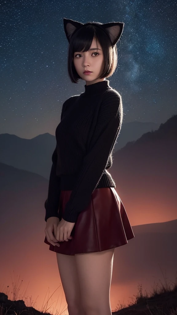 Delicate and dainty young woman with shiny bob-cut black hair and cat ears. She is wearing red tightly knit sweater with mini-skirt. The background is a fantastic and ethereal night sky that seems to be haunted by a specter. Her expression is stern and atmospheric. 10 years old