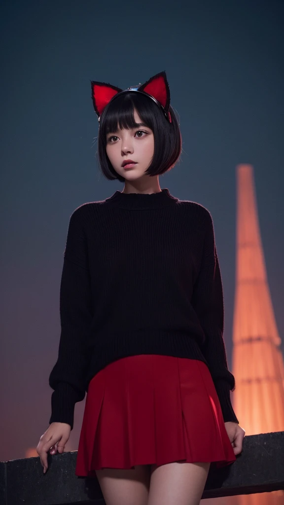 Delicate and dainty young woman with shiny bob-cut black hair and cat ears. She is wearing red tightly knit sweater with mini-skirt. The background is a fantastic and ethereal night sky that seems to be haunted by a specter. Her expression is stern and atmospheric.