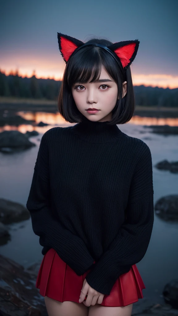 Delicate and dainty young woman with shiny bob-cut black hair and cat ears. She is wearing red tightly knit sweater with mini-skirt. The background is a fantastic and ethereal night sky that seems to be haunted by a specter. Her expression is stern and atmospheric.