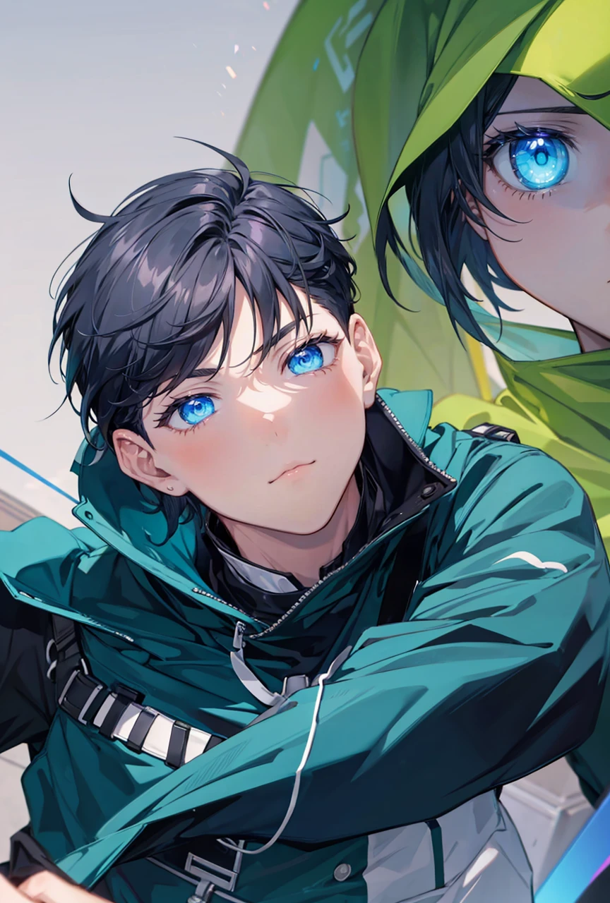 Anime boy with glowing blue eyes and with black hair. Close up